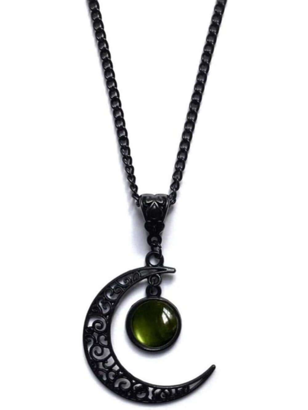 Women's Green Vintage Moon Pendant Dark Style Black Crescent Halloween Necklace
